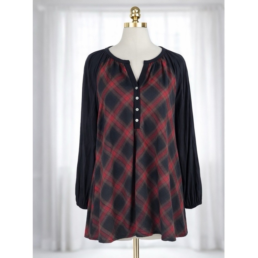 Weekend Suzanne Betro Red Black Plaid Henley Popover Top Balloon‎ Sleeves 4X